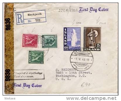 Isl005/ ISLAND -  Freimarken 1943, FDC, Einschr., Zensiert - Storia Postale