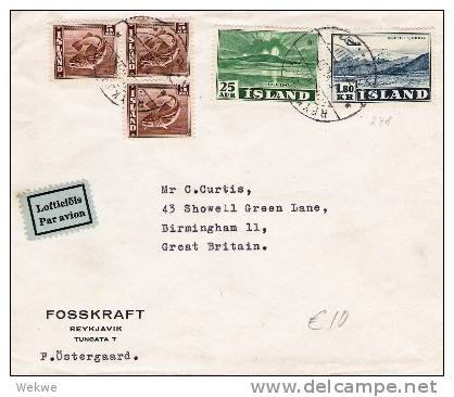 Isl006/  ISLAND -  Luftpost England 1949. Kabeljau 3 X, Vulkane 2 X, Ex Reykjavik - Briefe U. Dokumente