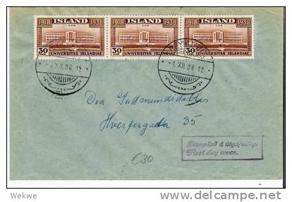 Isl020/  ISLAND - Universität (3-er Streifen) FDC 1938 - Storia Postale