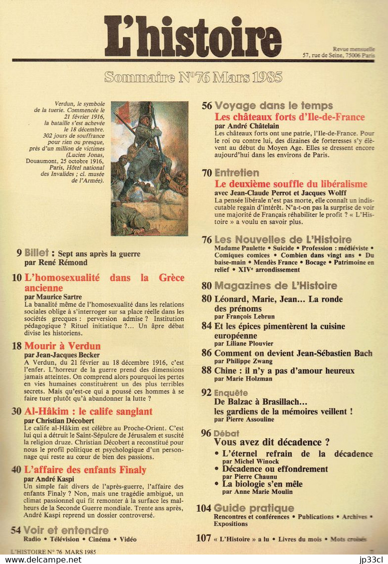 L'Histoire 77 3/85 Homosexualité Grèce Verdun Al-Hâkim Finaly Château Fort Libéralisme Bach Balzac Brasillach - Storia