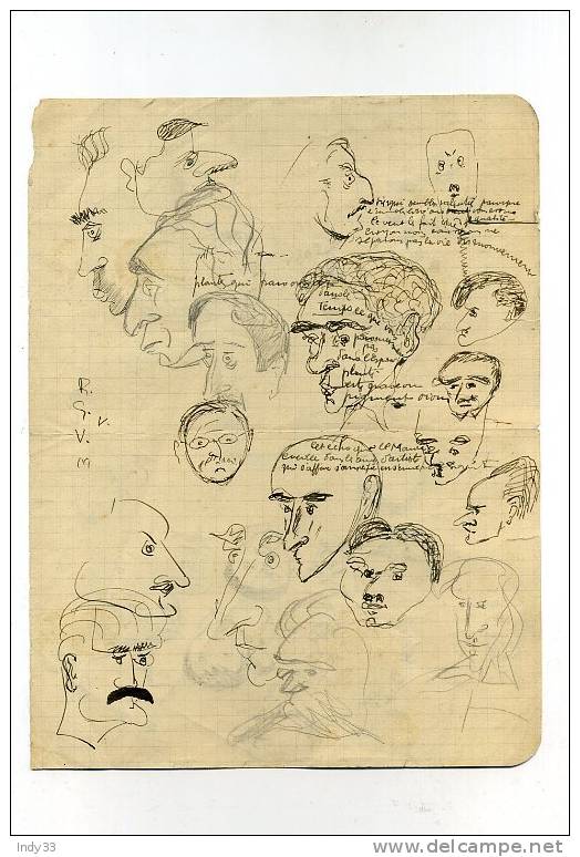 - PAGE  DOUBLE FACE DE PORTRAITS CARICATURES , A LA PLUME ET AU CRAYON . - Zeichnungen