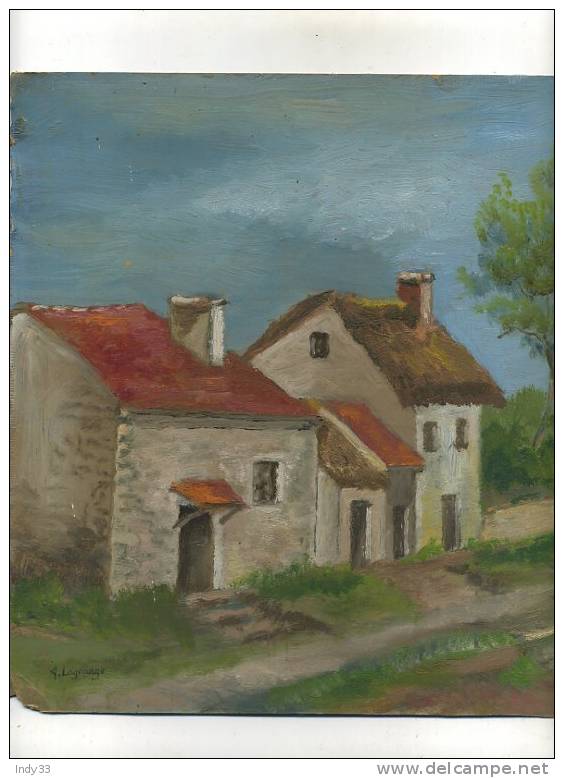 - MAISONS AU BORD D'UN CHEMUIN . HUILE SUR PAPIER EPAIS . SIGNEE - Huiles