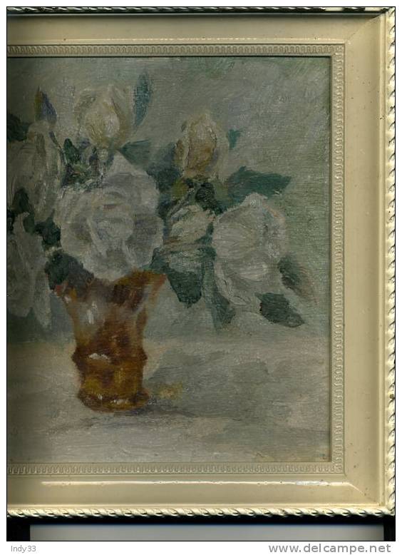 - ROSES DANS UN VASE . HUILE SUR PANNEAU STRATIFIE . SIGNEE ET ENCADREE - Oleo