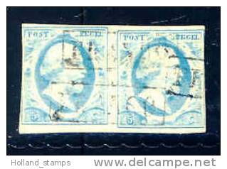 1852 Koning Willem III 5 Cent BLAUW NVPH 1 * Periode 1852 Nederland Nr. 1 Gebruikt * In Paar  (3) - Used Stamps