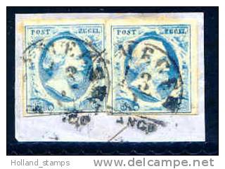 1852 Koning Willem III 5 Cent BLAUW NVPH 1 * Periode 1852 Nederland Nr. 1 Gebruikt * In Paar  (4) STEMPEL NYMEGEN - Oblitérés