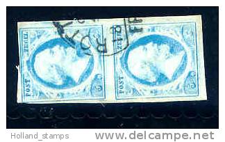 1852 Koning Willem III 5 Cent  BLAUW NVPH 1 *  Periode 1852 Nederland Nr. 1 Gebruikt IN PAAR (6) - Used Stamps