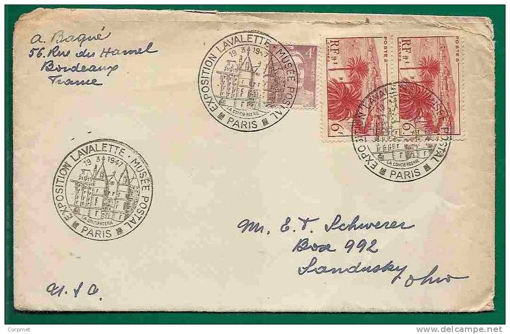 FRANCE - 1947 COVER EXPOSITION LAVALETTE - MUSEE POSTAL Sent To OHIO  - 3 Stamps - Briefe U. Dokumente