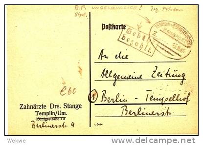 SBZ030 / Gebühr Bez.Bahnpost 13.9.45 Templin-Fürstenwerder - Lettres & Documents