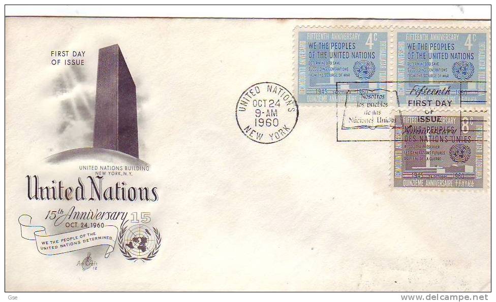 NAZIONI UNITE 1960 - Ill. Special Cancel - 15° Anniv. - FDC