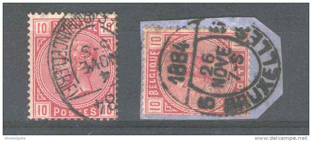 2 X Timbre No 38 Cachets Elliptiques Différents De BRUXELLES 1884   --  6/922 - 1883 Leopoldo II