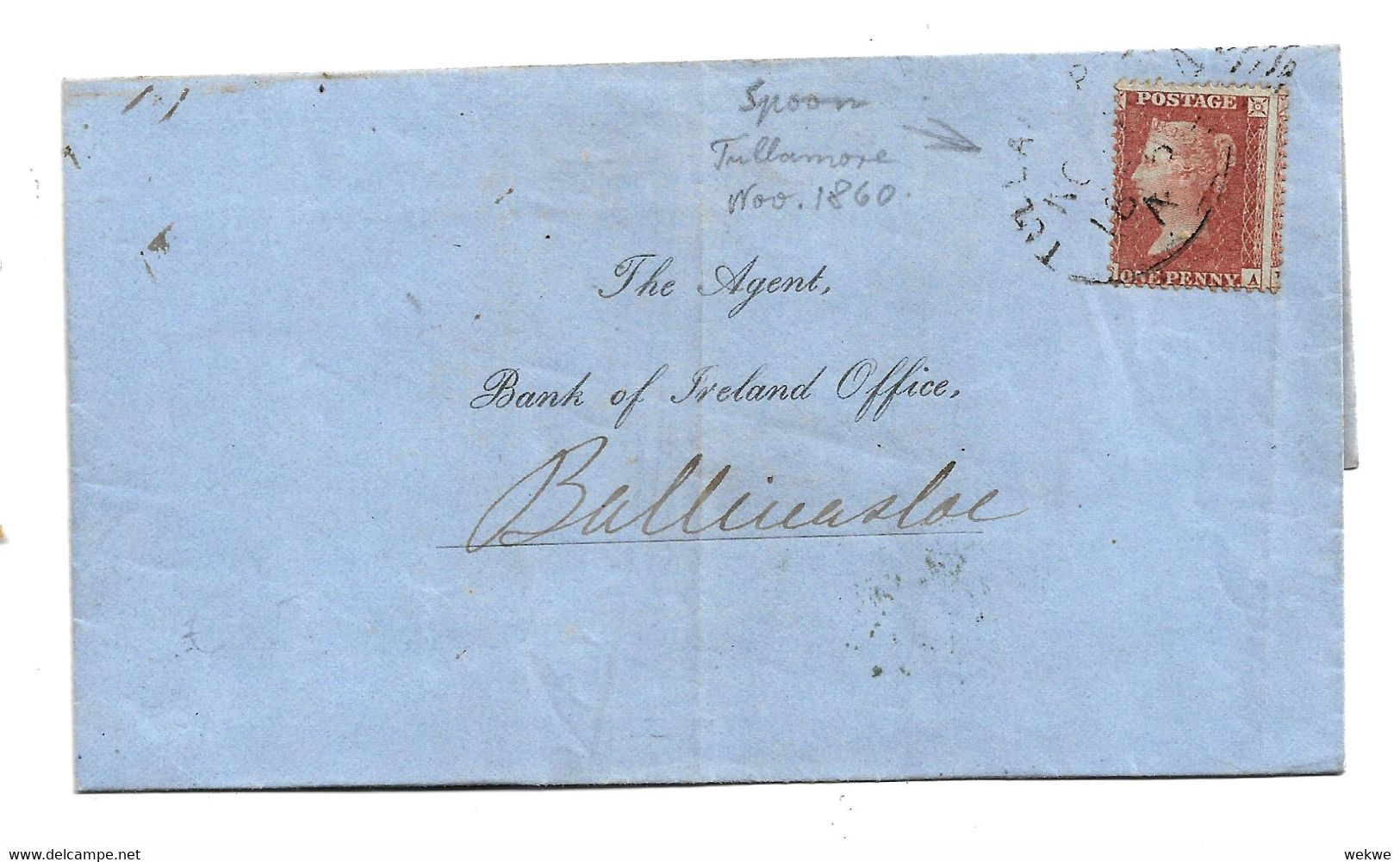 Irl007/Victoria, 1 Penny, 1860 Spoon Stempel Tullamore, Irish Type RR - Covers & Documents