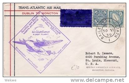 Irl026/Ersflug Tranxatlantik Dublin To Moncton, Flugzeugcachet, Lichtschwert, Kelt. Kreuz (First Flight) - Storia Postale