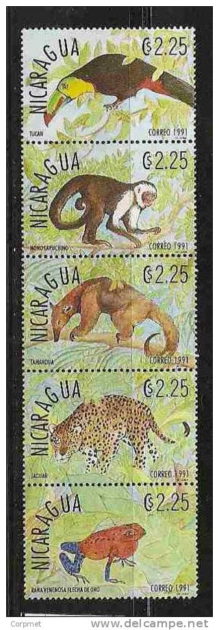 FAUNA - MONKEYS - FROG - JAGUAR - TUCAN - NICARGAUA STRIP OF 5 MINT NH Yvert # 1604/8 - Monkeys