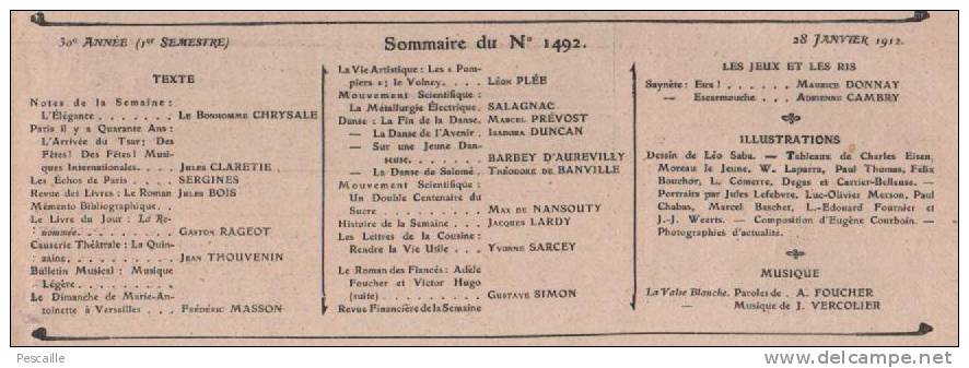 LES ANNALES 28 JANVIER 1912 -  PARIS 1867 - MARIE ANTOINETTE VERSAILLES - METALLURGIE ELECTRIQUE - - Allgemeine Literatur