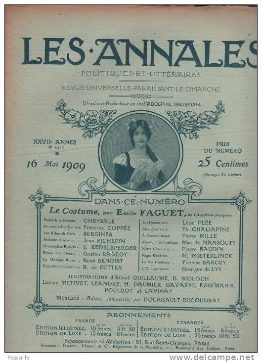 LES ANNALES 16 MAI 1909 - VICTOR HUGO - 57e REGIMENT D'INFANTERIE - CARICATURISTES - CHALIAPINE - CONSTANTINOPLE - PTT - Informations Générales