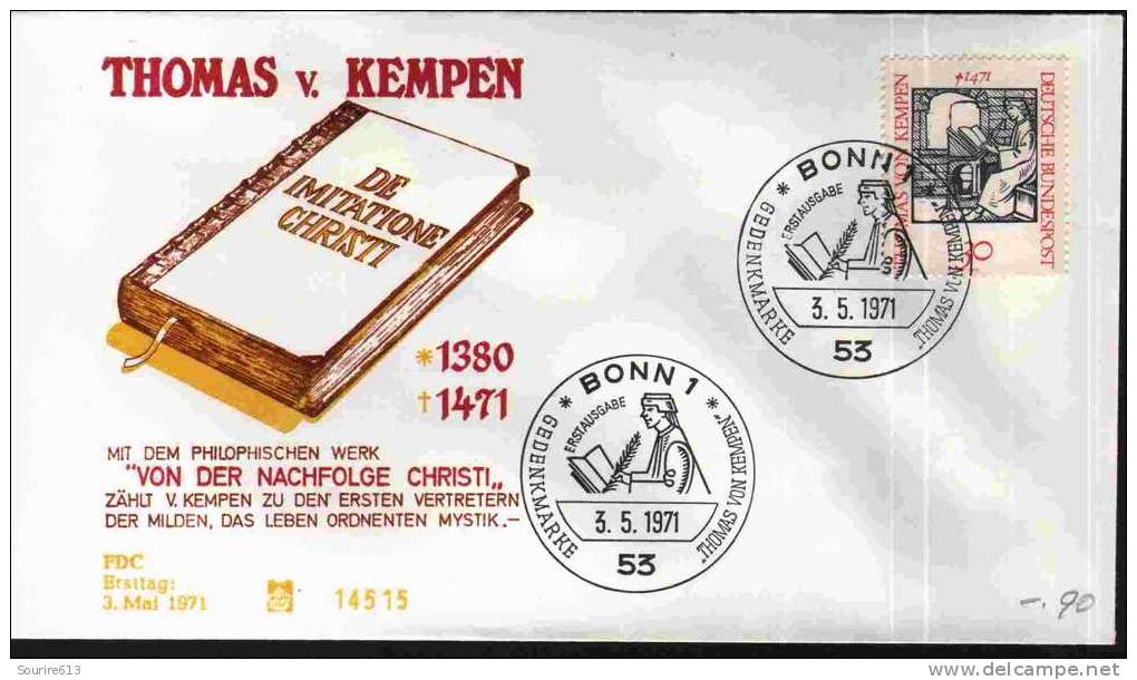 Fdc Allemagne 1971 Religions Théologien Philosophe Thomas Von Kempen 1380 1471 - Theologen