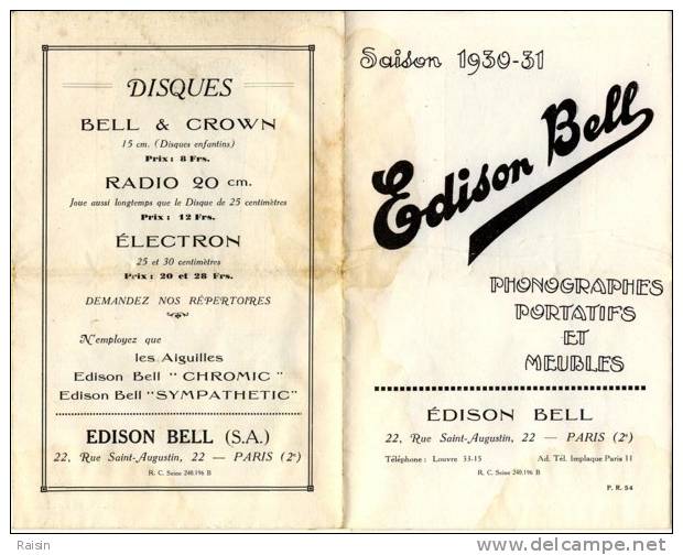 Catalogue   Edison  Bell  Saison  1930-31   Dépliant  Format Plié  120 X 190 Mm    Déplié 480 X 380 Mm - Audio-Visual