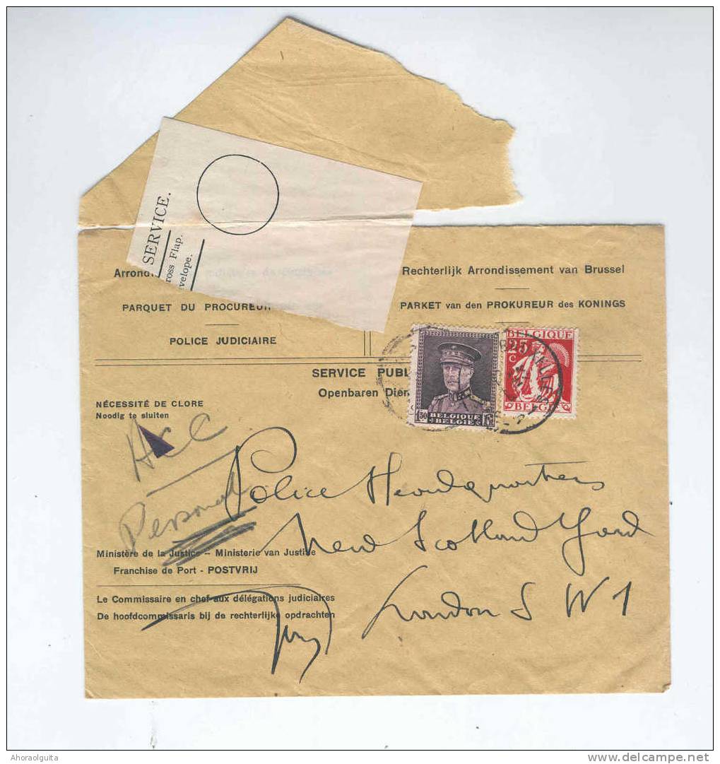 Lettre Képi Et Cérès BRUXELLES Vers Scotland Yard LONDRES - Bande De Fermeture Anglaise De Service  --  6/927 - 1931-1934 Képi