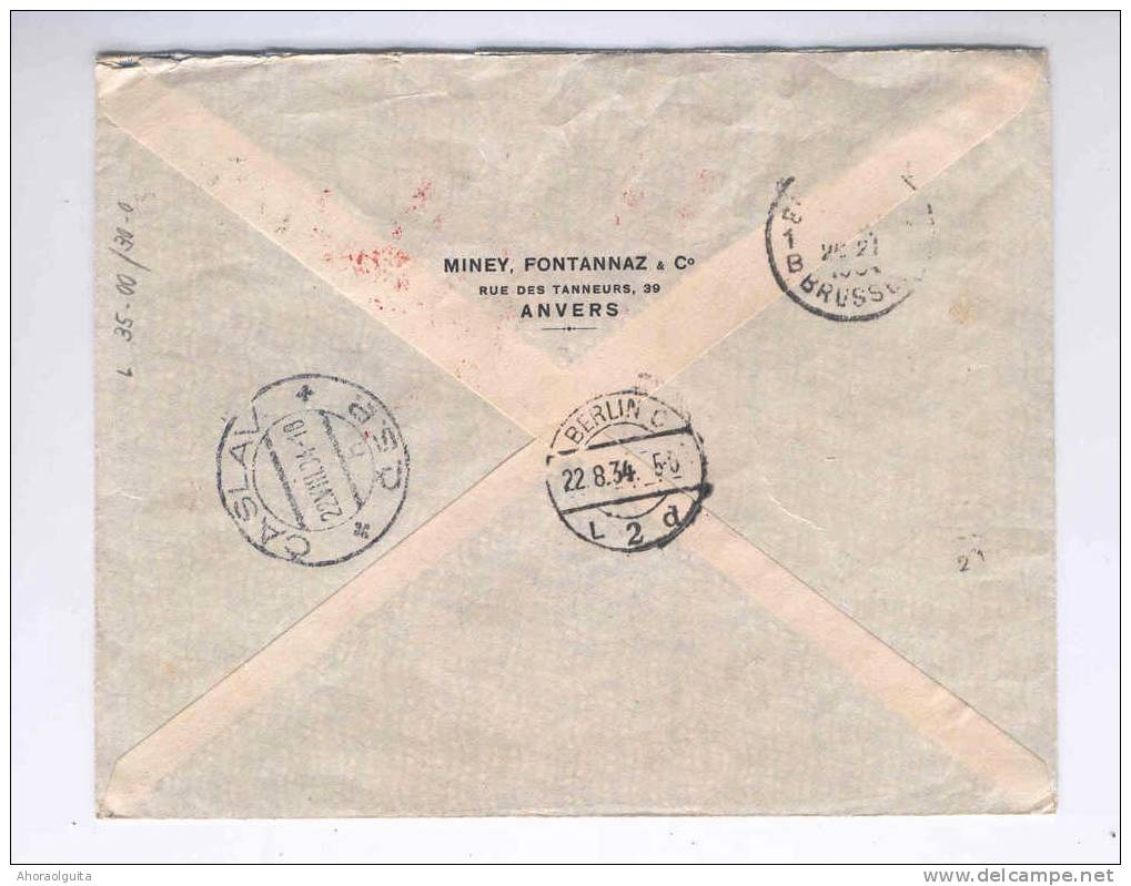 Lettre AVION Képis ANTWERPEN 1934 Vers Tchécoslovaquie - TARIF 3 F 25 - Cachet Poste Aérienne BERLIN   --  6/930 - 1931-1934 Mütze (Képi)