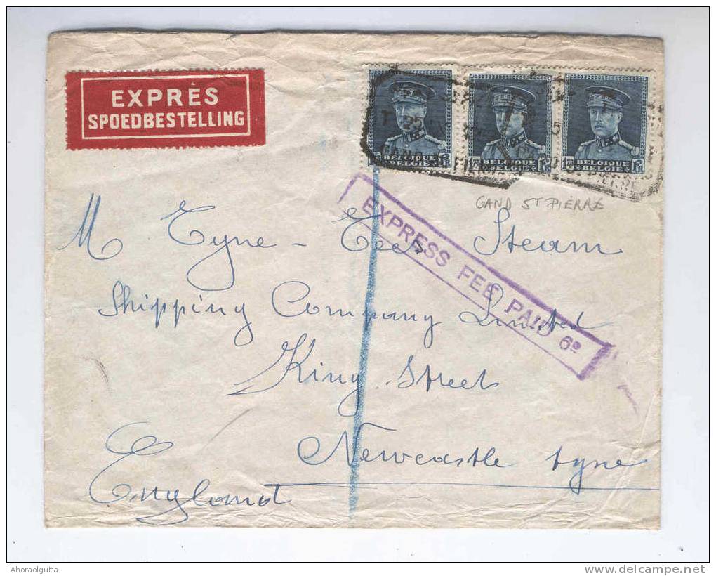 Lettre EXPRES 3 X Képis Cachet Télégraphique GAND ST PIERRE 1932 Vers Angleterre - TARIF 5 F 25   --  6/932 - 1931-1934 Quepis