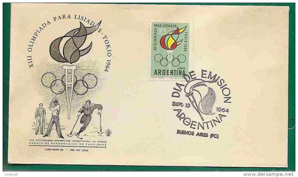 GOLF - SKING On VF FIRST DAY Of ISSUE COVER ARGENTINA Surtax AIR MAIL STAMP - XII OLYMPICS For HANDICAPPED - TOKYO 1964 - Golf