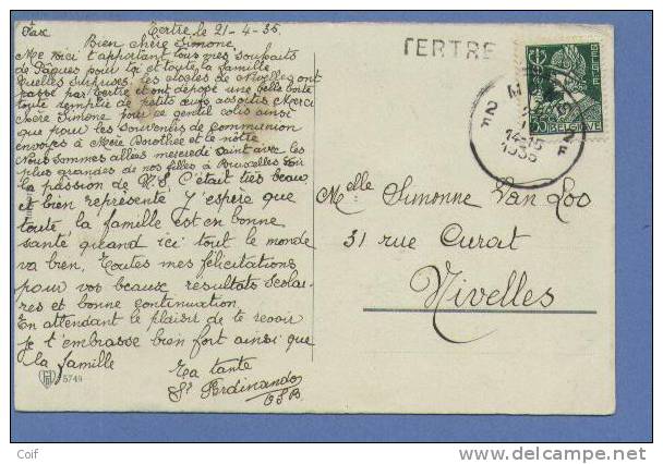 340 Op Kaart Met Cirkelstempel MONS, Met Naamstempel (griffe) TERTRE - Linear Postmarks