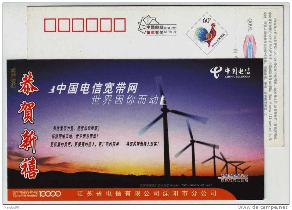 Windmill Of Wind Generator,China 2005 Liyang Telecom Advertising Postal Stationery Card - Electricity