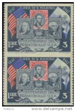 SAN MARINIO 1947, Am.presidents Flags Stamp On Stamps 3L,ERROR: Imperf Between  [Fehler,erreur,errore,fout] - Abarten Und Kuriositäten