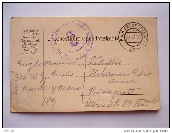Hungary Feldpost Karte  HP125 M.kir.306.Honvéd Gyalog Ezred .HS WWI  F 1916 D4580 - Gebruikt