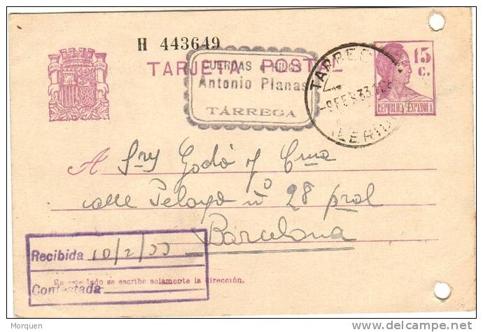 Entero Postal TARREGA (Lerida) 1933 - 1931-....