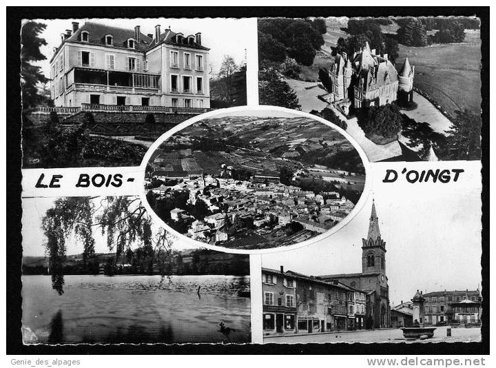 69 Rhône, CPSM 10x15, LE BOIS  D´OINGT, Multivues,château, Place De L´église, Le Centre, Pli Bord Gauche - Le Bois D'Oingt