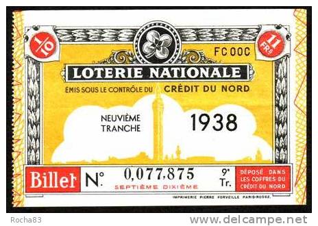Billet Loterie Nationale - 1938 - 9 ème Tranche - Crédit Du Nord - Billets De Loterie