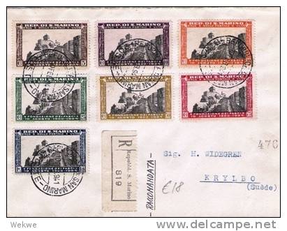 SM018 SAN MARINO - / Luftpost-Einschreiben 1948, Wappen/Globus/Flugzeug/Roosevelt, NACH KYIBO,SsCHWEDEN - Briefe U. Dokumente