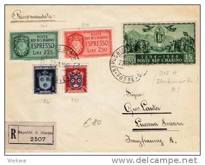 SM022/ SAN MARINO -  Fresko Aus Block + Express-Wappenmarken 1946 Nach Luzern, Schweiz - Lettres & Documents