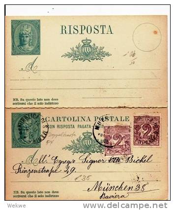 SM032/ SAN MARINO -  Doppelganzsache P 4 Mit Zusatzmarken, Deutschland 1906 Nach Muenchen - Ganzsachen