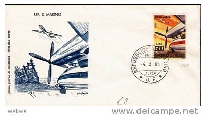 SM033/ SAN MARINO -  Luftpost 500 Lire (Dart-Flugzeug) FDC 4.3.65 Posta Aerea - Cartas & Documentos