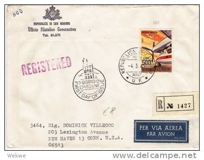 SM014/ SAN MARINO -  Luftpost 500 Lire, Propellerflugzeug/Jet, FDC 1965  Als Einschreiben Gelaufen. - Briefe U. Dokumente