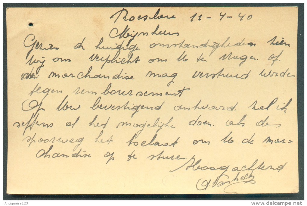 GUERRE MAI 1940 E.P. 40 Cent. Obl. Sc ROESELARE Du 8-5-1940 (mais écrite Le 11-4-1940) Vers Wakken - Envoi De Marchandie - Cartes Postales 1934-1951