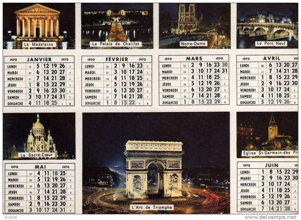 Calendrier  Format  15X10,5cm  Année 1970  Avec Photos Des Monuments De Paris - Kleinformat : 1961-70