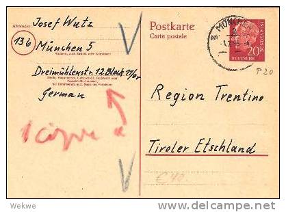 DBG036/ Heuss 20 Pfg. Auslandskarte P 20, 1955 N. Italien - Postkarten - Gebraucht