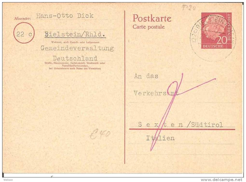 DBG039/ Heuss P 20, 1959 Nach Italien (Tirol) - Postkarten - Gebraucht