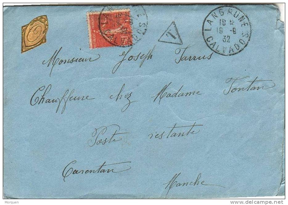 Carta LANGRUNE . Calvados 1932 Tasa - 1903-60 Semeuse A Righe