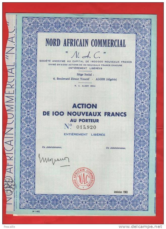 Action NORD AFRICAIN COMMERCIAL De 100 Nouveaux Francs Au Porteur Alger - Afrika
