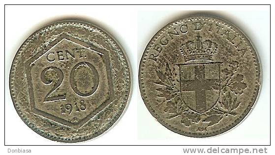 Vittorio Emanuele III, 20 Cent. 1918 (Esagono - Liscio). Ribattitura Su Tondello 20 Cent. Umberto I. - 1900-1946 : Victor Emmanuel III & Umberto II