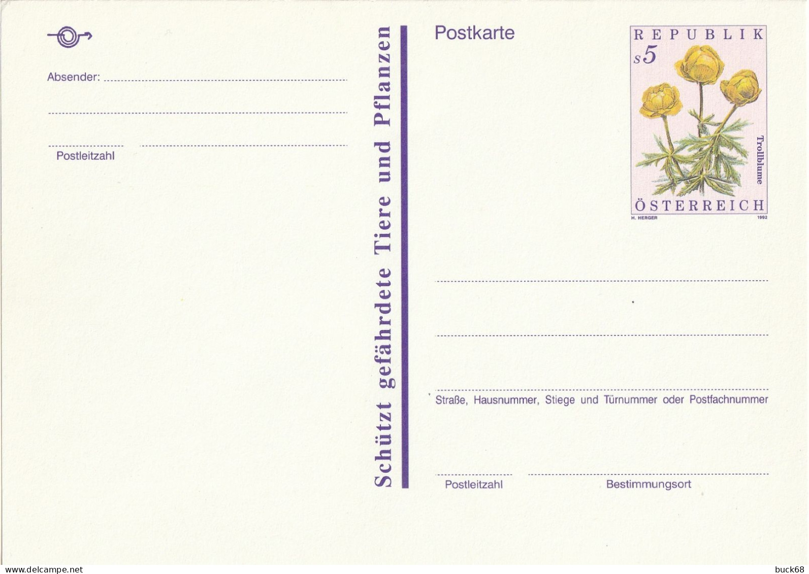 AUTRICHE AUSTRIA ÖSTERREICH Entier P515 Stationary Ganzsache Fleur Blume Flower Bouton D'or Trollblume 1992 - Cartes Postales