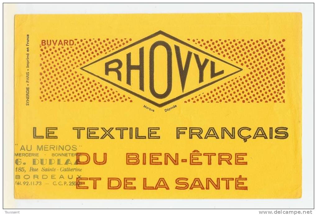 Buvard Rhovyl: Textile Français, Au Merinos G. Duplaa à Bordeaux (07-3309) - Textile & Vestimentaire