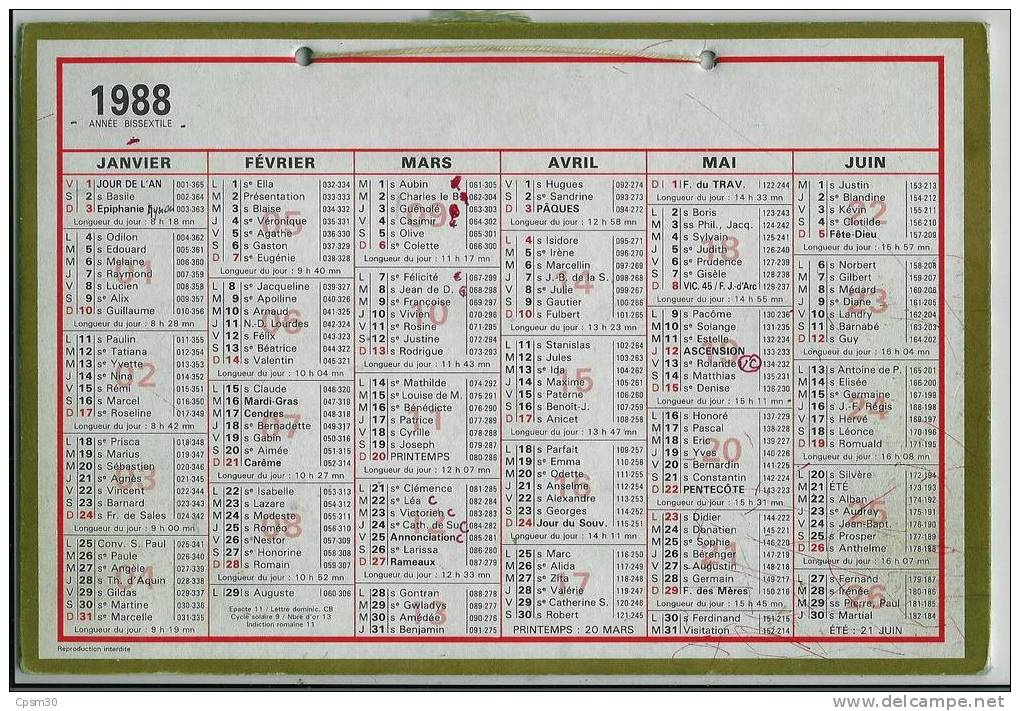 CALENDRIER GF 1988 - édité Par La SNCF - Grand Format : 1981-90