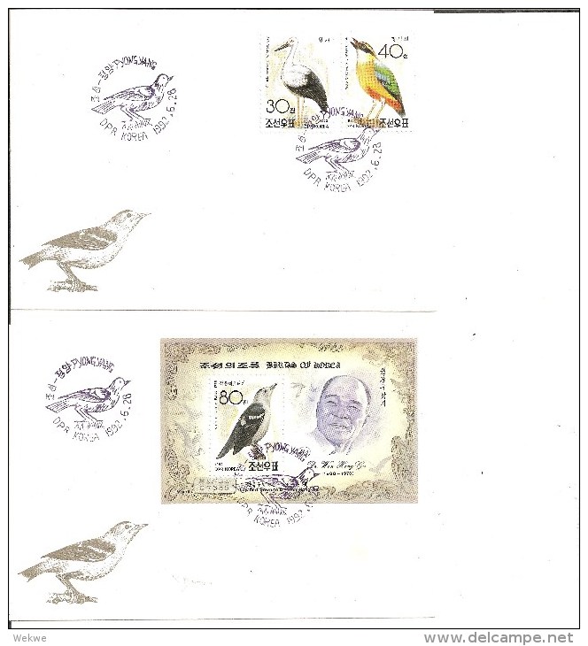 KO-N001 / KOREA -  Vögel Auf Marken  + Stempel 1992 Auf 4 Schmuckbriefen - Korea (Nord-)