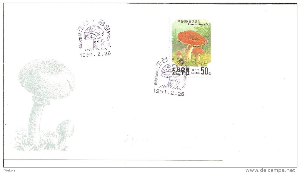 KO-N004 /  KOREA - Pilze Auf Marken Und Im Stempel 3 Schmuckbriefe Nord-Korea (mushroom, Seta) - Korea (Nord-)