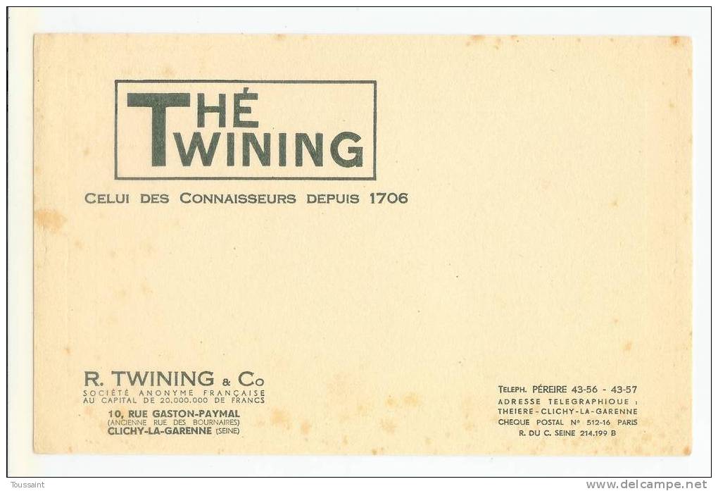 Buvard Twining: The, Celui Des Connaisseurs Depuis 1706, Societe à Clichy La Garenne (07-3331) - Café & Thé
